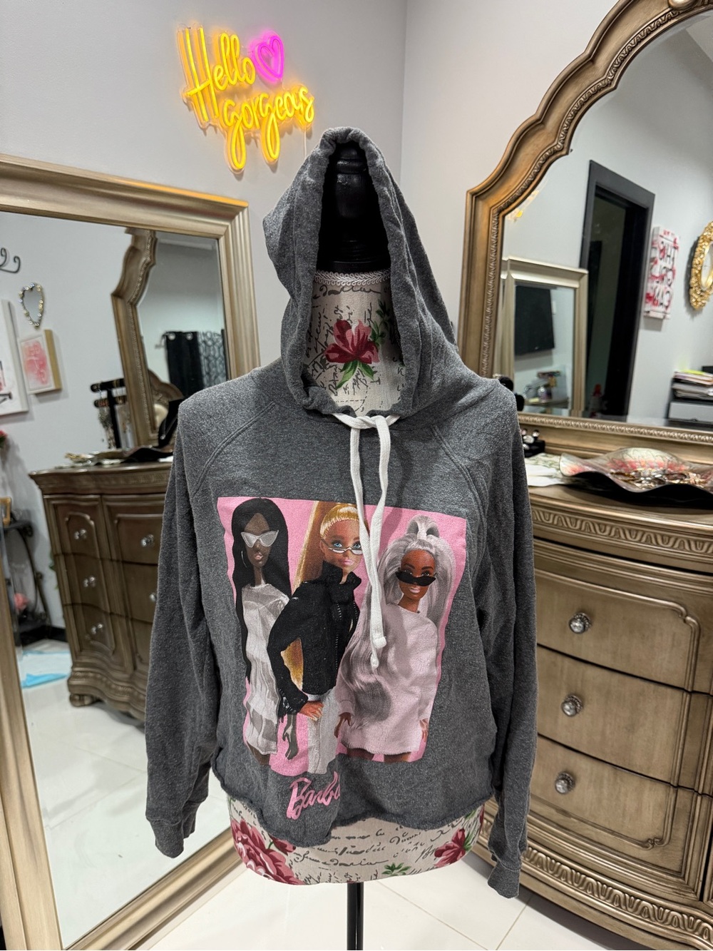 Grayson Threads Gray Hoodie with Pink and Multicolor Graphic